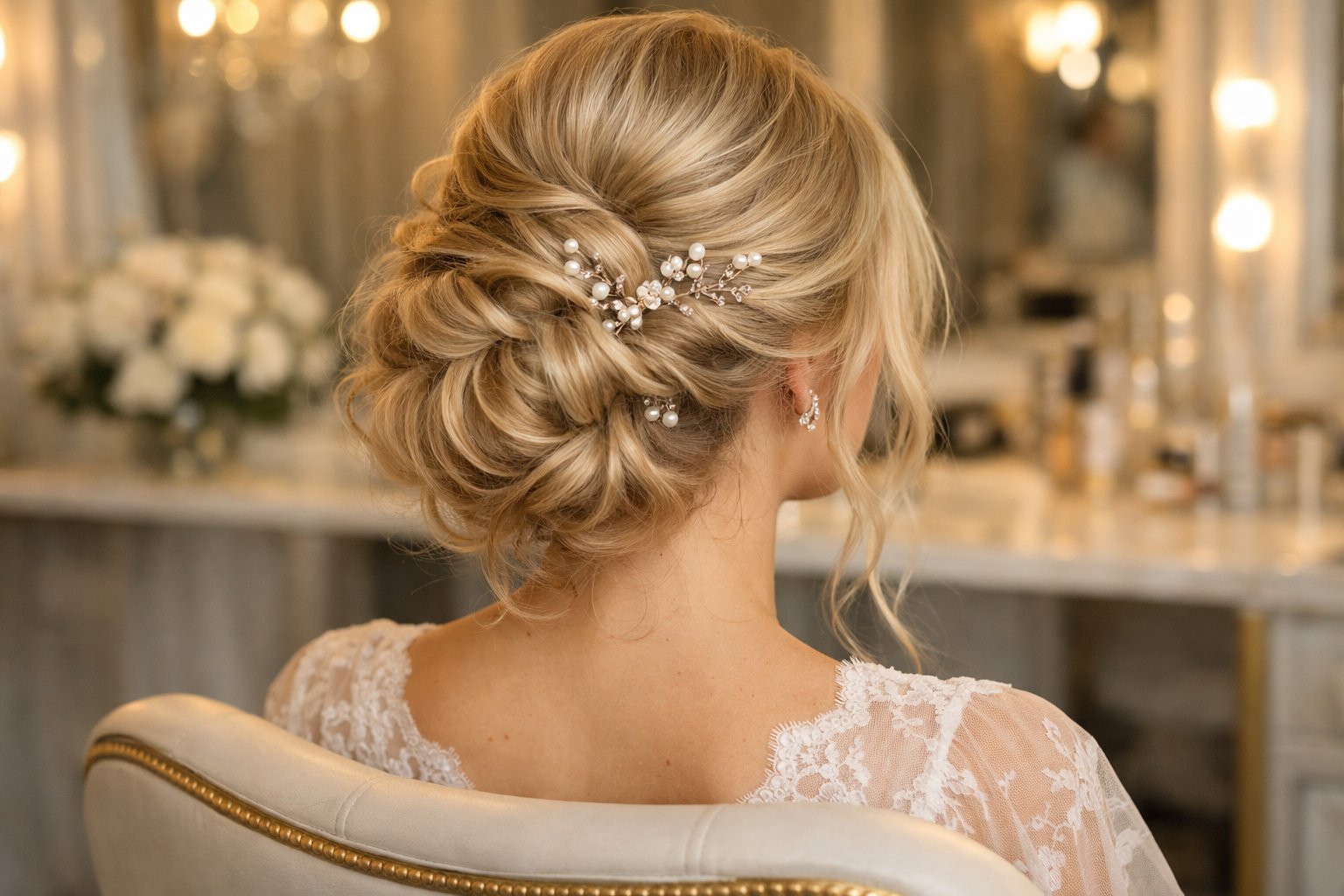 Romantic bridal updo with pearl pins